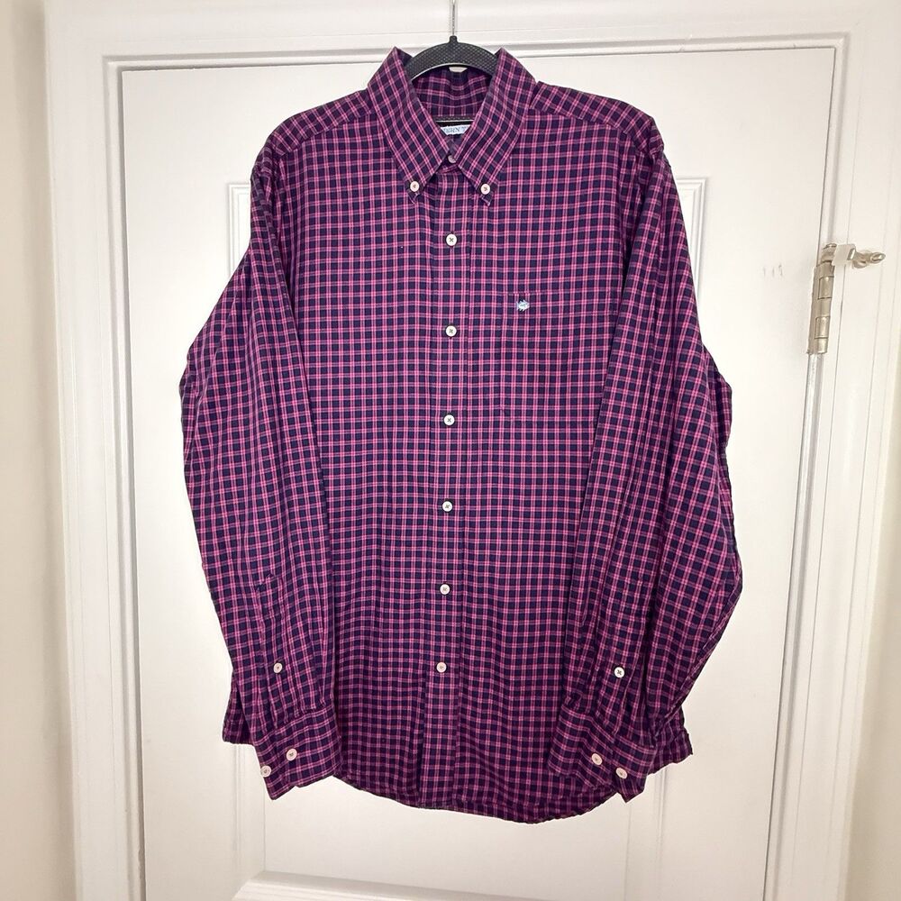 Southern Tide Mens Button Shirt Coral Blue Plaid M Cotton Classic Long Sleeve
